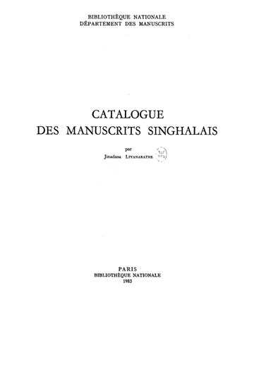 Catalogue des manuscrits singhalais Editions de la Biblioth que